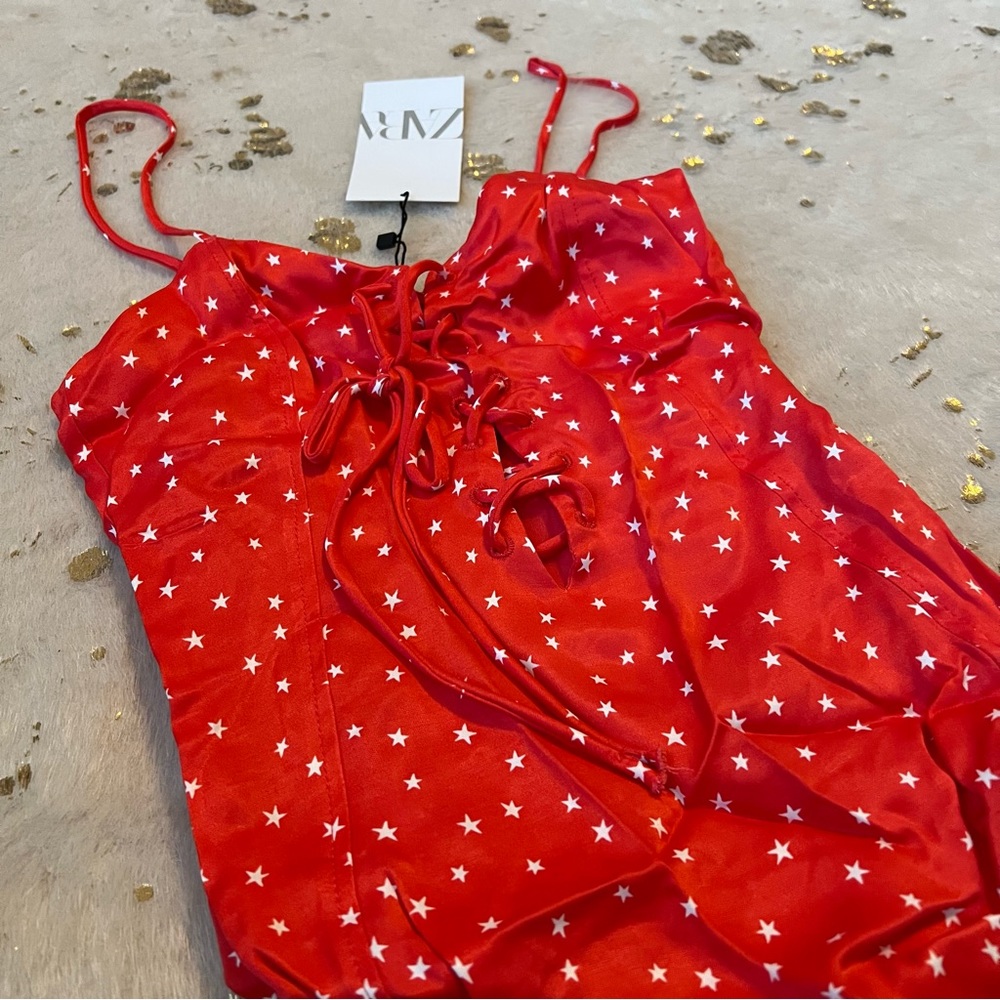 NWT Zara XS Red White Stars Lace Up Bodysuit